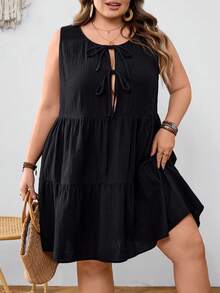 SHEIN CURVE+ 大码女士休闲百搭黑色棉质抽绳蝴蝶结无袖迷你连衣裙 - 黑色 - 查看 5