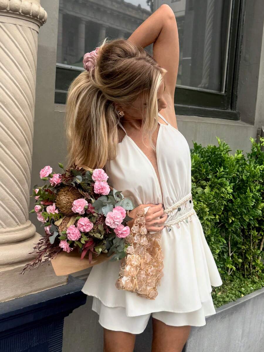 Elyressa Women's Solid Color Halter Tie-Up Backless Stylish Date Night Jumpsuit - Apricot - View 1