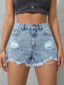 Tween Girl Y2K Spring Summer Break Light Washed Casual High Waist Ripped Raw Hem Baggy Denim Shorts, Summer Boho Beach Concert Rave Festival, Teen Girl Summer Cute Shorts, Summer Boho Holidays ,Spring ,Beach For Girl, Vacation Casual Girl, Valentine's Day,Vintage/Beach/Sea/Elegant Graduation Outfit,Casual Women's Jumpsuit,Summer Holiday Outfits - Light Wash - View 3