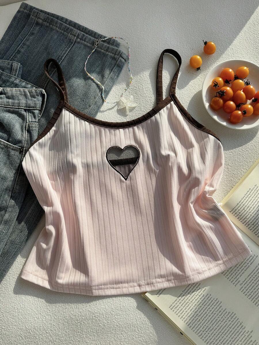 SHEIN Comfortcana Plus Size Hollow Mesh Embroidered Camisole, Suitable For Spring/Summer And Valentine's Day, Going Out Tops - Pink - View 1