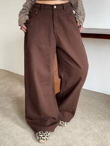 Dazy Plus Plus Size Women Casual Loose Waist Solid Color Long Straight Leg Jeans, All Season - Brown - View 3