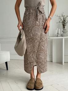 Spring & Summer Botanical Floral & Geometric Print Bohemian Casual Vacation Style Twist Tie Waist A-Line Denim Skirt Boho - Brown - View 3