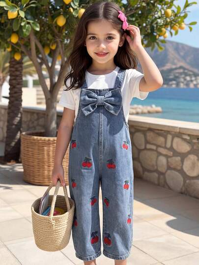 SHEIN Young Girls' Fashion Versatile Style Denim Bib Pants, Spring/Summer/Autumn/Winter, Retro Medium Blue Denim Color, Multiple Red Cherry Embroidery On Pants, Cute Bow Design On Chest, Loose Straight Leg, Soft And Comfortable Fabric, Suitable For Daily Outings And School