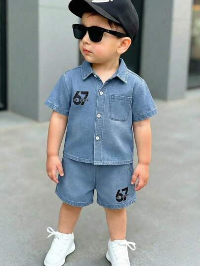Bubblio 2件套男婴字母印花蓝色牛仔短袖衬衫和短裤套装