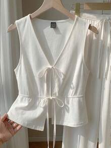 Comfortcana 95%纯棉纯白针织V领系带无袖衬衫和裤子两件套女士休闲套装 - 夏季度假、波西米亚风、节日、优雅春夏装 - 彩色 - 查看 5