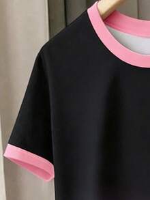 2pcs/Set Tween Girl Spring/Summer Casual Fashion Black & Pink Ombre Bow Print T-Shirt & Shorts Set - Multicolor - View 6