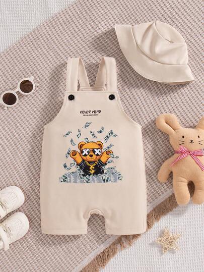 SHEIN Playful Pals Baby Boy's Street-Style One-Piece Shorts With Accessories Like Hats.Outfit Toddler Infant Outfits Unisex Romper Summer