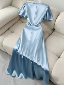 Franclia Đầm thanh lịch dành cho nữ, đầm dự tiệc, đầm satin phối kim loại, đầm tay xòe, đầm cổ tròn, đầm mùa xuân/hè. - Màu xanh nhạt - Xem 2