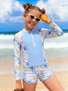 SHEIN 少女坦克背心式泳衣，儿童两件式泳衣，吊带背心搭配印花短裤，长袖泳装，拉链设计，蓝色海星图案，针织面料，适合沙滩派对、游泳池、水上乐园等场合。 - 藍色 - 查看 7