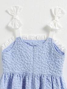 1pc Girls Jacquard Weave Vacation Style Sleeveless Waist Cinched Lightweight Summer Dress - Blue - View 8