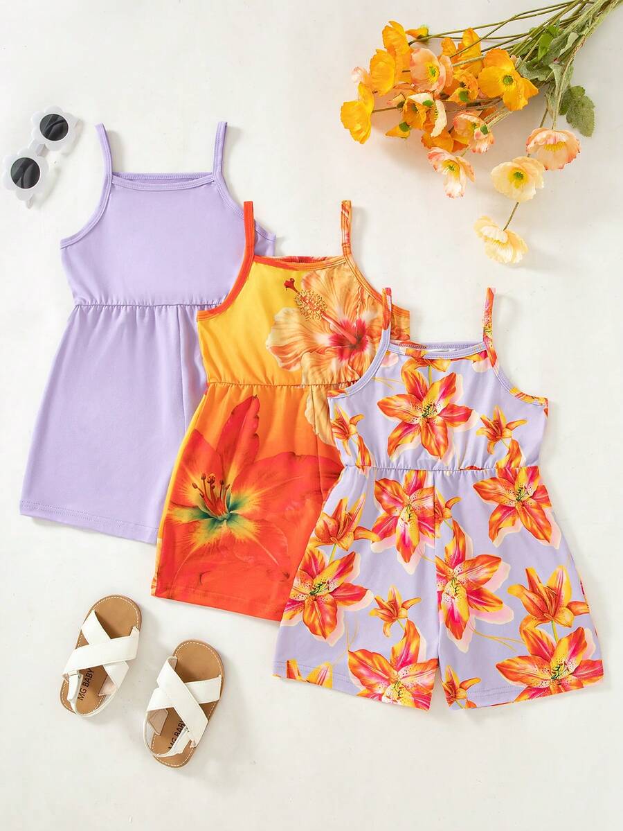 3pcs/Set Toddler Girls' Summer New 2025 Floral Print & Solid Color Romper Shorts, Minimalist Fashionable Vacation Style - Purple - View 1