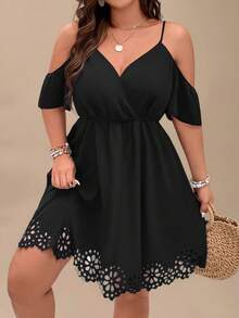 Breezaya Pure Plus Size Fashionable Solid Color Cold Shoulder Hollow-Out Dress - Black - View 6