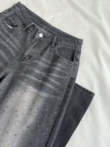 SHEIN ICON Retro seksowne dopasowane dżinsy z szerokimi nogawkami i zdobione kryształkami Jeansy z brokatem i kryształkami Jeansy z brokatem i kryształkami - Szary - Zobacz 3
