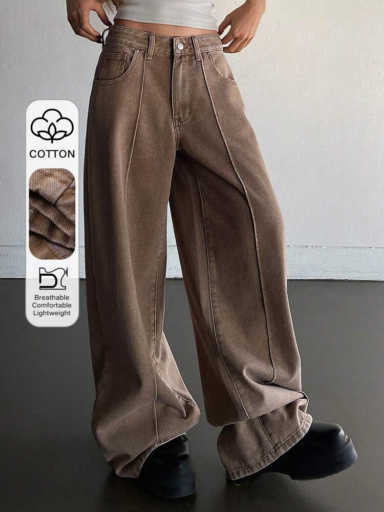 Women's Low Waist Distressed Decor Casual Loose Flare Leg Washed Brown Denim Jeans