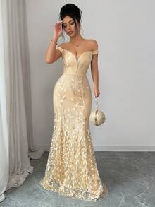 SHEIN Elenzya 女士优雅网纱亮片露肩修身美人鱼连衣裙 - 杏色 - 查看 5