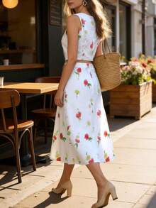 Balvessa 女士印花无袖短款衬衫+印花迷你裙两件套 - 白色 - 查看 2