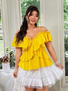 Celure Camiseta con diseño de volantes en las mangas y corte peplum, de unicolor y romántico, talla grande - amarillo ganso - Ver 7