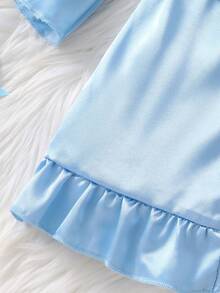 Newborn Baby Dressing Gown With Ruffles In Solid Silk Fabric, Soft Solid Tie Cute And Comfortable In Summer 2026 New Baby Set - Blue - View 3