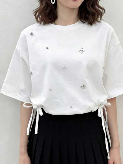 FRIFUL Damen Sommer & Frühling einfarbiges Schleifenoberteil, lässiges, vielseitiges T-Shirt