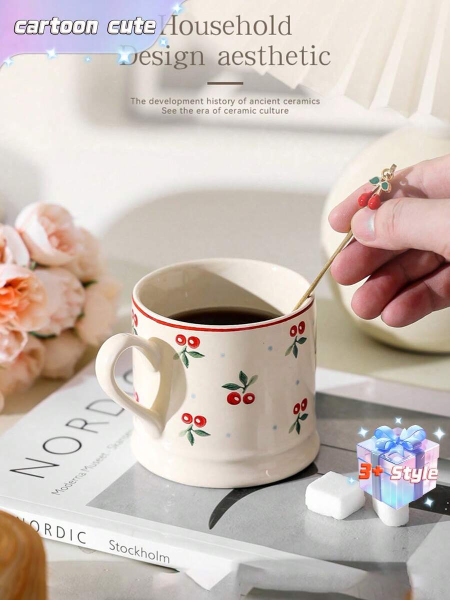 Cốc sứ kiểu Hàn Quốc hình quả anh đào, cốc cà phê hoạt hình dễ thương chất lượng cao, dùng trong gia đình kèm thìa, cốc ăn sáng, cốc sữa, 1 chiếc. - Nhiều màu - Xem 1