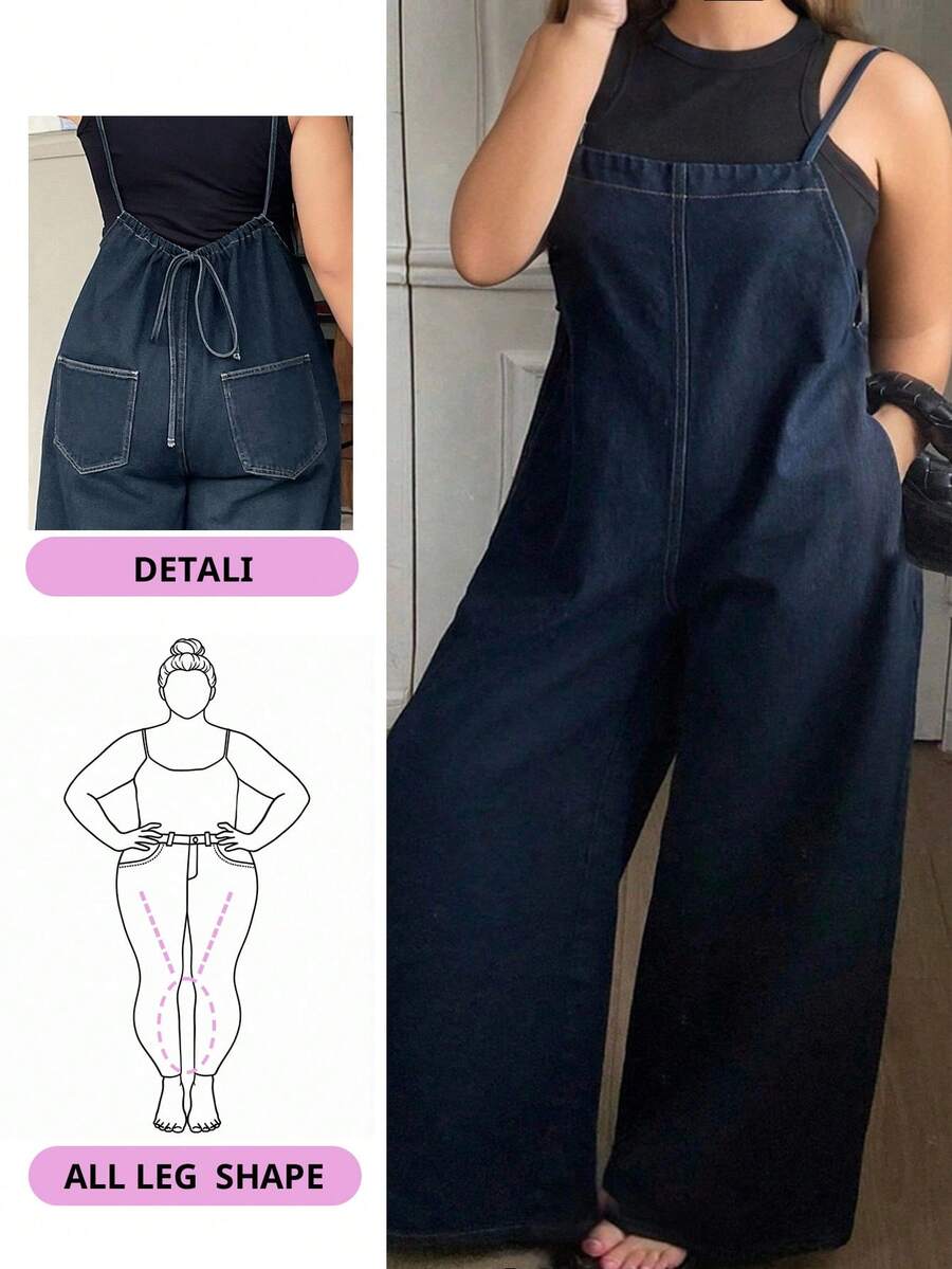 Dazy Plus Bộ đồ liền thân dài rộng rãi bằng vải denim màu tối cỡ lớn, phù hợp cho mọi mùa Thu/Đông - Rửa tối - Xem 1