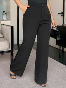 Dazy Plus 加大码纯色宽松直筒休闲黑色裤，四季长款商务休闲女裤，女式正装裤秋季 - 黑色 - 查看 4