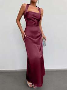 EURMUSE Women's Elegant Party Halter Neck Ruched Backless Long Dress, Summer - Burgundy - View 5