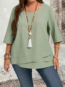 EMERY ROSE Plus Size Asymmetric Hem Green Country Shirts Fall Clothes - Green - View 3