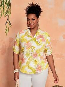 EMERY ROSE Camisa casual de vacaciones con estampado tropical de talla grande - Amarillo - Ver 4