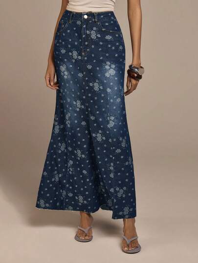 COSMINA 女士优雅玫瑰提花美人鱼长款牛仔半身裙，通勤、办公、休闲约会、春季皆宜