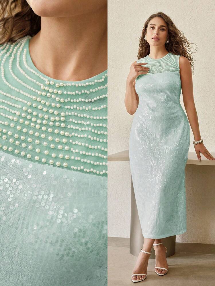 ELEGANT SLEEVELESS LONG-LENGTH SEQUIN PARTY DRESS – FAUX PEARL-EMBELLISHED GEOMETRIC NECKLINE, FORM-FITTING SILHOUETTE WITH BACK ZIPPER & BACK SLIT DETAIL | IDEAL FOR NEW YEAR'S EVE, GALAS & FORMAL PARTIES | STYLE WITH STRAPPY HEELS & DELICATE JEWELRY