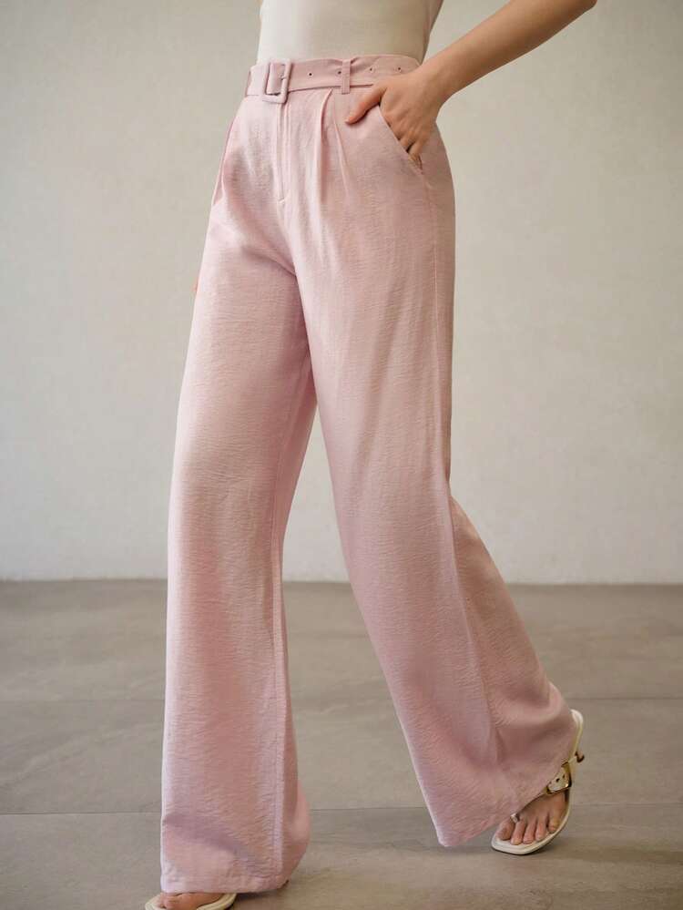 LINEN FABRIC CASUAL WIDE-LEG PINK PANTS WITH BUCKLE WAISTBAND