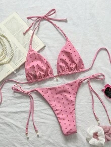 Swim Mod Pink Polka Dot Halter Tie Side Bikini Set In Swimwear Fabric Short Length With Tie Back Details - Multicolor - View 2