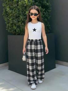 两件套青少年春夏休闲简约针织牛奶丝星形印花无袖露脐上衣和黑白格子数码印花宽松长裤套装 - 黑與白 - 查看 1