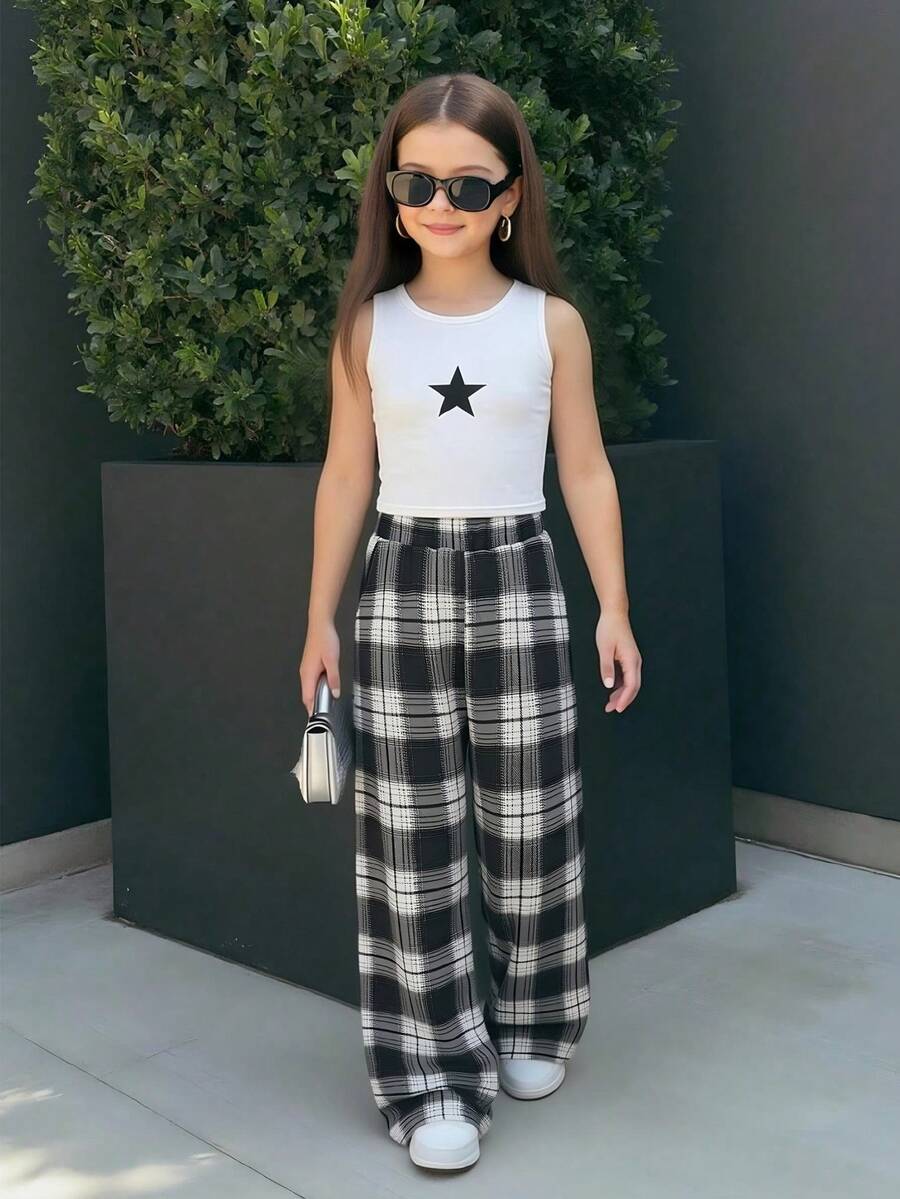 两件套青少年春夏休闲简约针织牛奶丝星形印花无袖露脐上衣和黑白格子数码印花宽松长裤套装 - 黑與白 - 查看 1