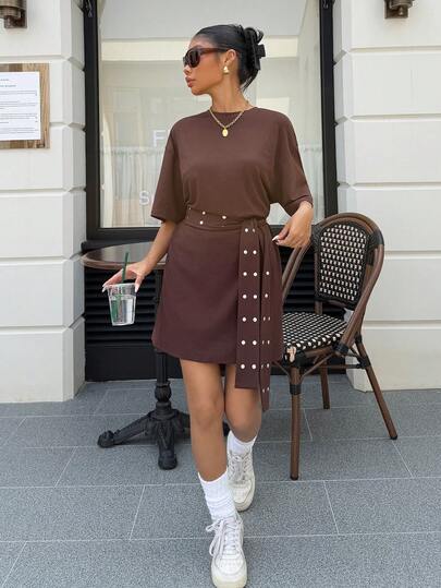 Muchica 针织女式圆领短袖T恤迷你连衣裙