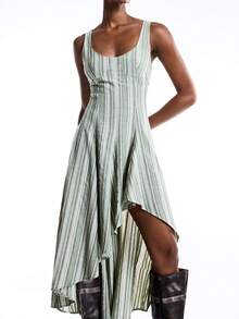 LYSMO Đầm nữ dáng suông kẻ sọc, vạt bất đối xứng, thích hợp cho mùa hè. - màu xanh lá - Xem 6