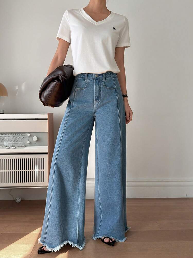 High Waist Raw Trim Wide Leg Jeans