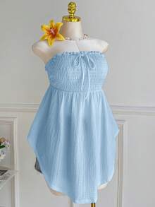 Comfortcana Plus Size Asymmetric Hem Lace Hollow Out Jacquard Tie Front Ruffle Trim Tube Top, Light Blue, Spring/Summer - Baby Blue - View 6