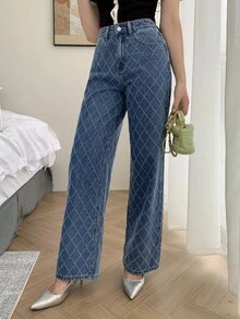 Dazy Tall Tall Women's Textured Plaid Loose Straight Leg Casual Jeans - Medium Wash - View 4