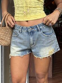 Sunnyshic 女士休闲毛边口袋牛仔短裤 - 藍色 - 查看 4