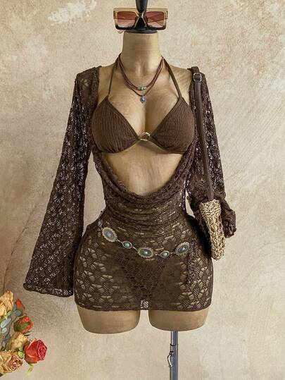 Soleia 3pcs Women's Sexy Bikini Set, Khaki Mesh Cover-Up Dress, Fashionable Swimwear