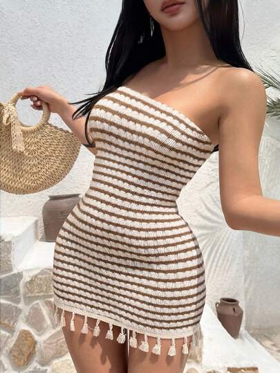 Sunnyshic 女士白色和棕色纹理条纹抹胸设计修身腰部流苏下摆拼接连衣裙，性感浪漫的欧式风格，适合春夏度假