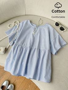 SHEIN EZwear 女士蓝色条纹梭织休闲短袖衬衫 - 藍白色 - 查看 1