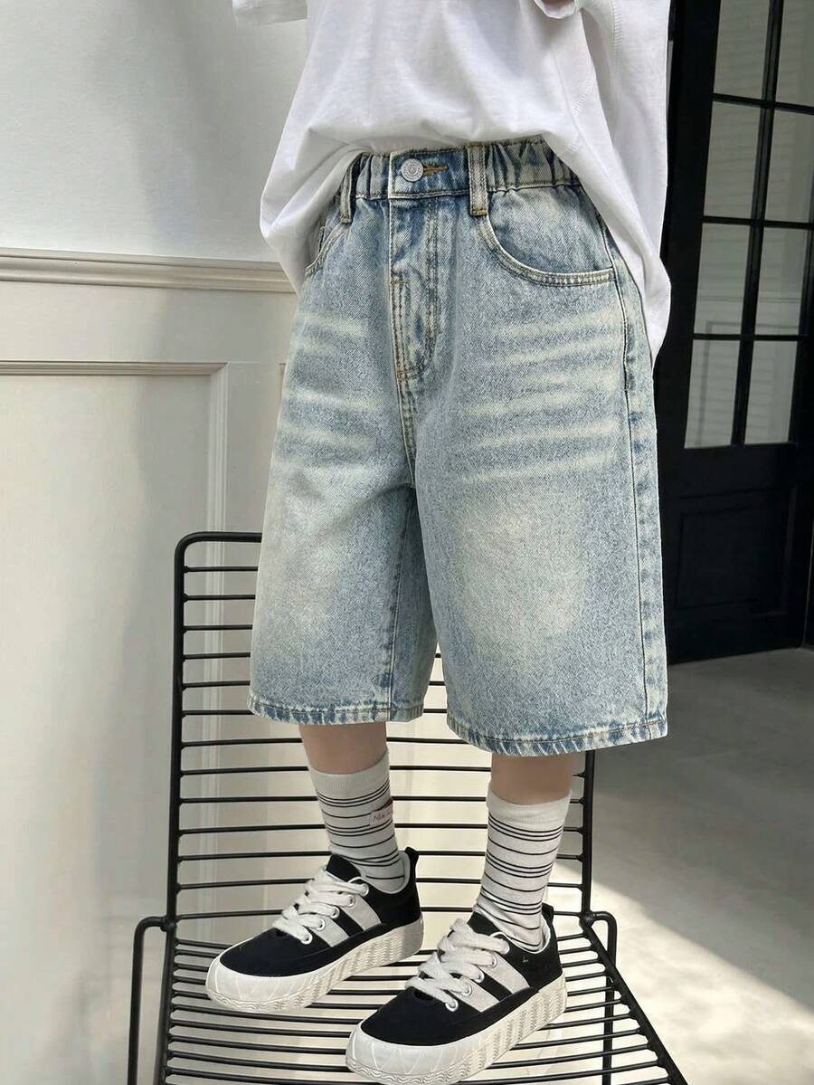 SHEIN One Piece 2026春夏新款复古水洗做旧灰蓝色牛仔阔腿短裤，大码松紧腰宽松直筒中长短裤，酷炫个性街头风百搭品牌工装短裤