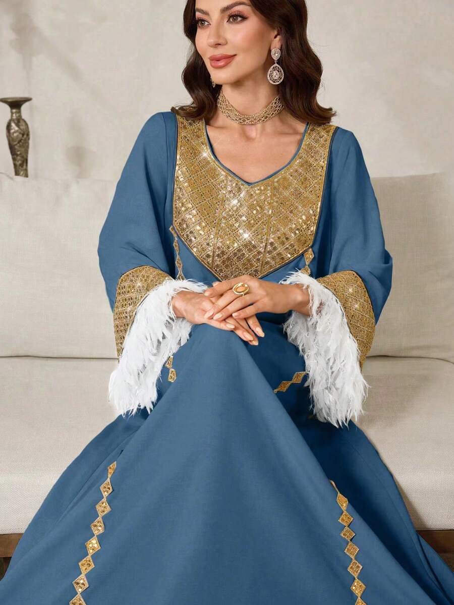 Al Najma 优雅奢华的中东风格女士长裙 - 藍色 - 查看 1