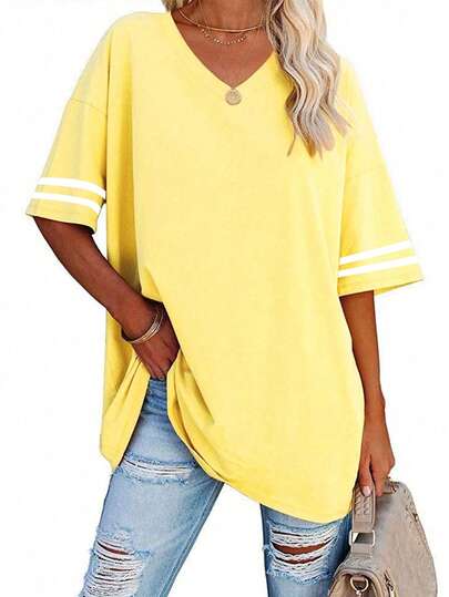 EMERY ROSE Plus Size Striped Print V Neck Tee T Shirts For Women Casual Short Sleeve T-Shirt For Summer, Summer Women's Plus Clothing For Daily Wear