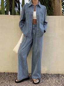 DAZY 女士休闲水洗口袋衬衫和阔腿牛仔裤套装，春秋季 - 中等水洗藍 - 查看 3