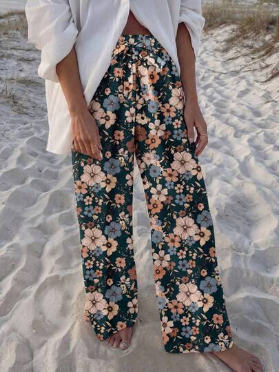 SHEIN LUNE Casual Retro Floral Pattern Wide-Leg Pants With Tie Waist For Women, Suitable For Spring And Summer Suitable For Going Out Fall Clothes Winter Clothes