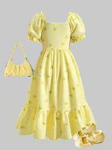 SHEIN ChillGRL Gaun Tanpa Lengan Motif Bunga Lembut untuk Remaja Putri - Kuning - View 2